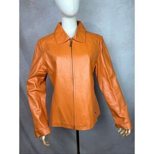 Black Rivet Leather Jacket Women’s Size Large Orange 1970s Style Luxury